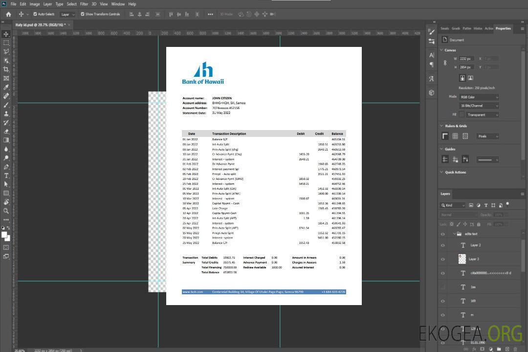 Relevé bancaire de la Samoa Bank of Hawaii template Relevé bancaire de la Samoa Bank of Hawaii template